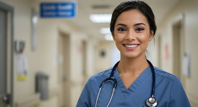 Friendly Latina nurse smiling in hospital hallway ready to help with compassion and care for patients,Generated image