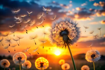 Photo of dandelion seeds blowing in the wind at sunset in a field