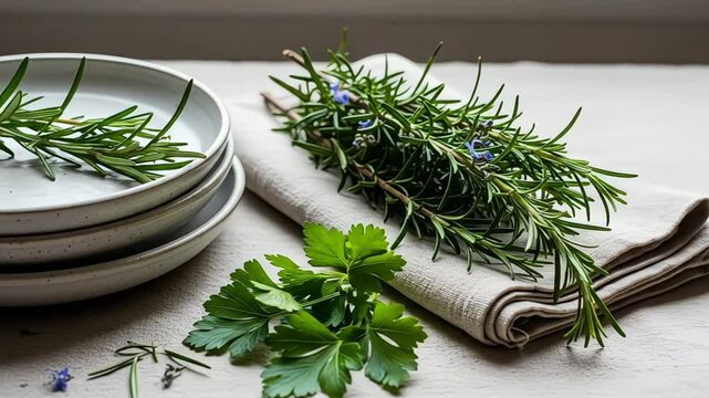 Fresh rosemary and parsley on a linen cloth, highlighting culinary herbs.