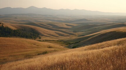 Fototapeta premium A picturesque valley surrounded by majestic mountains in the background, dotted with lush grass and a few scattered trees in the foreground