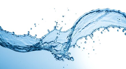 A vivid blue water splash wave with many droplets suspended in air against a white background
