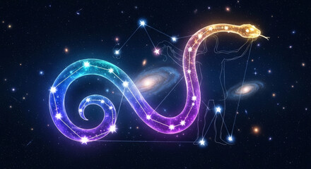 Artistic representation of the Ophiuchus constellation with a celestial snake, stars and galaxies, ethereal glow, dark blue background, magical