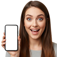 Fototapeta premium Astonished Woman Showing Blank Smartphone Screen, Excited Expression, Mobile App Presentation, Technology Advertisement, Digital Marketing