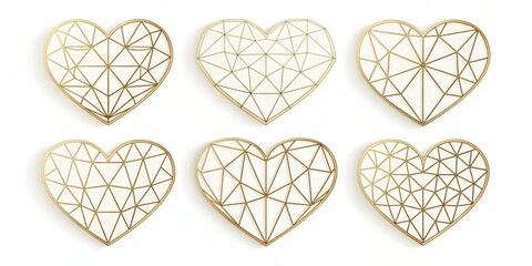 Six geometric wire frame hearts on white background