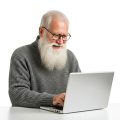 Elderly man with white beard using laptop isolated on transparent background