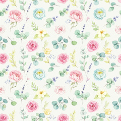 Seamless Pattern, Watercolor floral pattern with roses, eucalyptus, and lavender for backgrounds Stock royalty free  image.