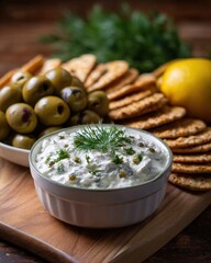 Delicious homemade appetizer platter featuring creamy dip fresh herbs colorful vegetables and gourmet snacks perfect for parties gatherings and elegant food presentation