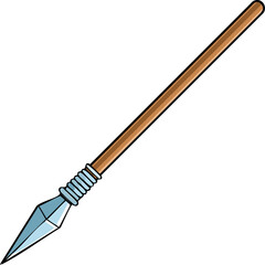 A cartoon illustration of a spear, featuring a wooden shaft and metal tip.