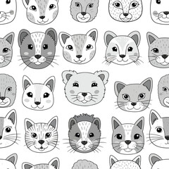 Fototapeta premium Seamless Pattern, Seamless pattern of adorable animal faces in monochrome vector illustration Stock royalty free.