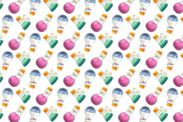 Obraz premium Vector illustration of a seamless pattern featuring colorful potion bottles with corks. Perfect for fantasy-themed designs or backgrounds, showcasing magic and alchemy elements.