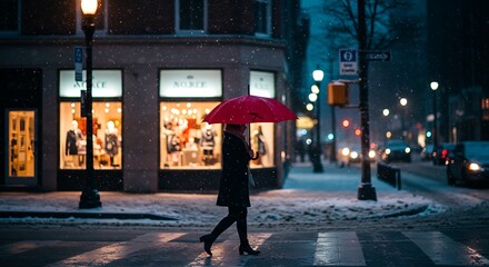 Woman with red umbrella walking in snowy city street at night with glowing storefronts,Generated image