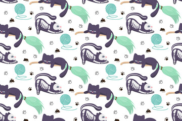 Naklejka premium Seamless pattern featuring cute cats with skeleton designs playfully interacting with yarn balls, mice, and paw prints. This vector illustration is perfect for textiles or wallpaper.