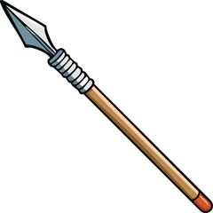 A cartoon illustration depicts a spear with a metal blade and wooden shaft.