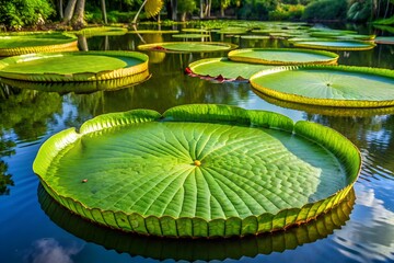 Photo of giant Victoria amazonica water lily pads floating on a pond in a garden