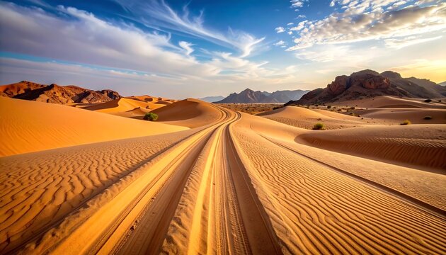A sweeping vista of a desert landscape, featuring a tire track path winding through dunes under a vibrant sky.