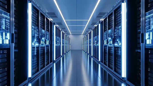 Data Center Server Room with Rows of Rack Mounted Servers and Neon Lighting