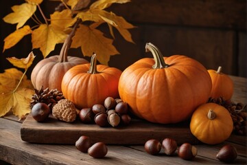 Herbstdekoration mit Kürbissen, Kastanien und Herbstblättern in warmem Licht