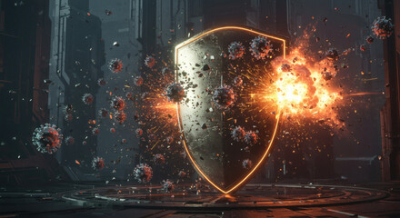 Futuristic glowing shield offers powerful protection, acting as an impenetrable barrier against invading viruses and pathogens