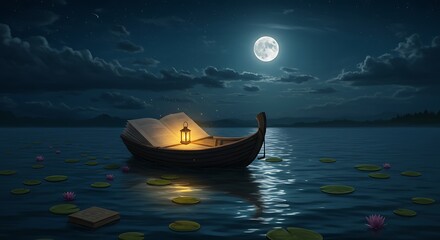 Book in Boat Under Moonlit Sky