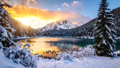 A serene winter landscape showcases a snow-covered lake, reflecting a vibrant sunrise over snow-capped mountains and lush evergreen forests.
