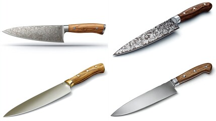 Four chef's knives showcase varied blade designs and wooden handles, arranged on white