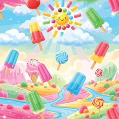 Seamless Pattern, Whimsical landscape with candy sun, ice cream, lollipops, and colorful pastel hills Stock royalty free.