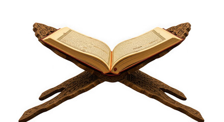 Sacred holy book open on a decorative wooden stand illuminated by soft light transparent background