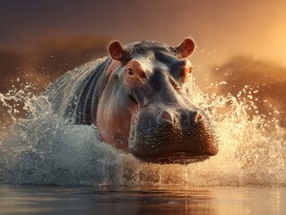 Fototapeta premium Hippo splashes water while emerging from a river during sunset in the African savannah