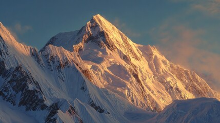 Fototapeta premium A towering snow-capped mountain emerges from under a cloudy blue sky with a gentle dusting on its summit