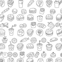 Seamless Pattern, Seamless pattern of fast food doodles including burgers, fries, donuts, and drinks Stock royalty free.