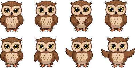 Cute cartoon owl vector illustration, flat bird character set, wide-eyed owls in different poses, adorable forest animal drawing design