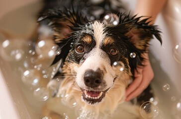 Dog Being Bathed: Represents pet grooming, ideal for pet care, grooming, or animal - care visuals.