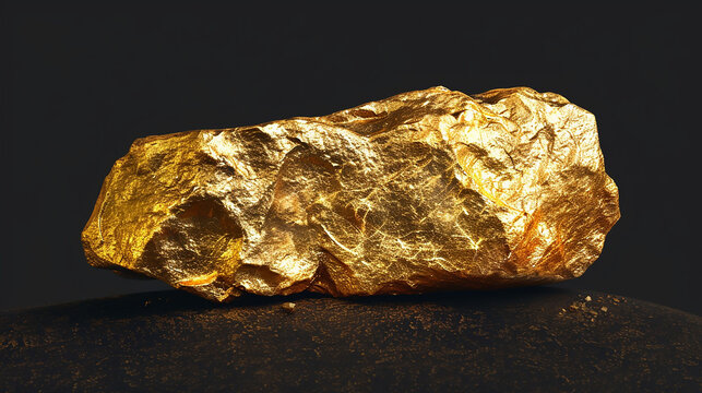 A substantial nugget of raw, unrefined gold gleams brilliantly under a bright light, showcasing its natural, irregular texture and rich, metallic yellow hue against a stark white backdrop