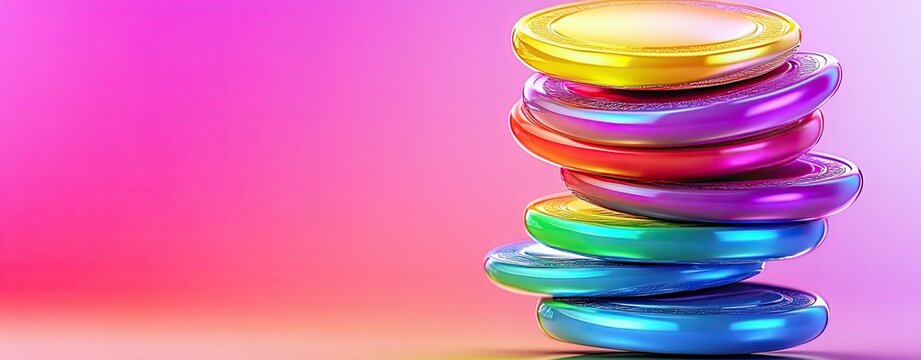 Glowing Neon Stack of 3D Coins Rotating in Space