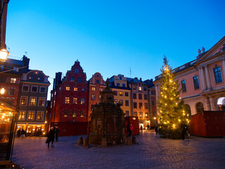 Fototapeta premium ガムラスタンの夕暮れの美しい建物とクリスマスツリー