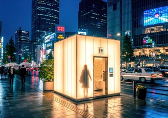 Tokyo public toilets at night with a beautiful cube design/立方体デザインが美しい夜の東京公共トイレ
