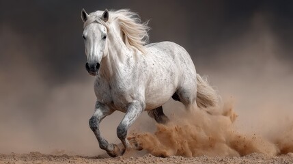 Obraz premium White horse gallops through a dusty terrain under dramatic skies during late afternoon