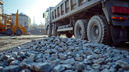 Gravel pile in construction site with truck and sunlight with city in background.