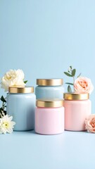 Pastel Jars, Flowers, Blue Background