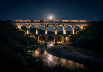 Fototapeta premium A historic Roman aqueduct under a starry night sky with a full moon, reflecting in the river below