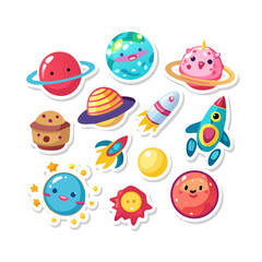 Cute Cartoon Space Planets, Rockets, and Stars: Fun Kids Stickers Collection