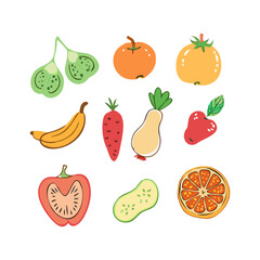 Hand-drawn Fruit and Vegetable Collection: Vibrant, Flat-Style Illustrations for Healthy Eating Concepts