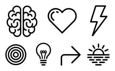 Collection of Icons: Brain, Heart, Lightning, Target, Lightbulb, Arrow, Sunrise