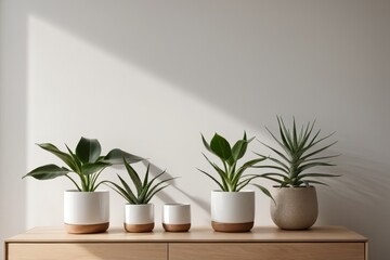 Moderne Zimmerpflanzen in weißen Töpfen mit sanften Schatten im Sonnenlicht