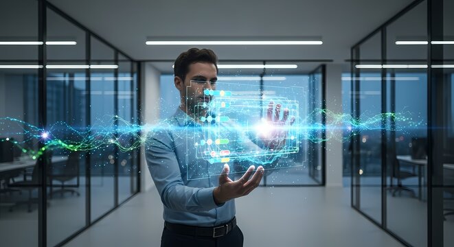 Man interacting with a futuristic digital hologram in a modern office environment.