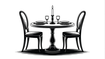 A black and white illustration of a round table set for two with a candle and two chairs nearby
