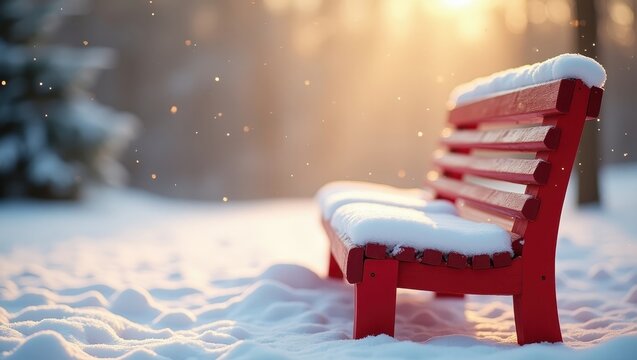 A serene winter scene, showcasing a red park bench covered in fresh snow, bathed in the warm glow of the winter sun. - Powered by Adobe