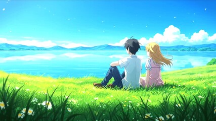 Anime couple relaxing by a crystal mountain lake on a bright summer day in a wildflower meadow with drifting petals and calm reflections - Powered by Adobe
