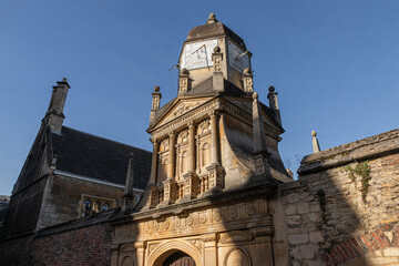 Cambridge, England. The Gate of Honour at Gonville and Caius College, built between 1573 and 1575 under John Caius, shows Renaissance classical style with a sundial at the top