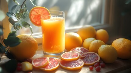 A refreshing glass of freshly squeezed orange juice sits among whole oranges, lemons, and sliced grapefruit on a sunlit wooden surface by the window sill.